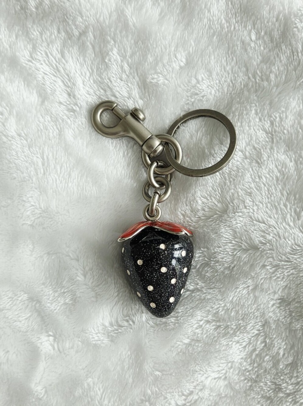 Black Polka Dot Strawberry Keychain with Red Leaf Accent Cute Bag Charm